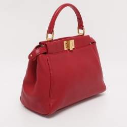 Pre Owned Fendi Red Leather Mini Peekaboo Top Handle Bag