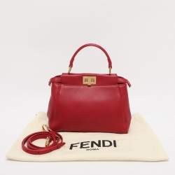 Pre Owned Fendi Red Leather Mini Peekaboo Top Handle Bag