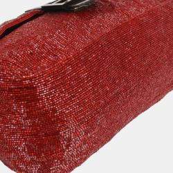 Pre Owned Fendi Red Beaded Mamma Baguette Handbag
