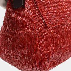 Pre Owned Fendi Red Beaded Mamma Baguette Handbag