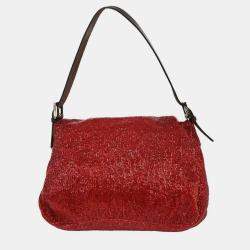 Pre Owned Fendi Red Beaded Mamma Baguette Handbag
