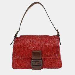 Pre Owned Fendi Red Beaded Mamma Baguette Handbag