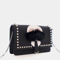 Pre Owned Fendi Karl Lagerfeld Black Calf Leather Wallet On Chain