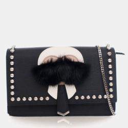 Pre Owned Fendi Karl Lagerfeld Black Calf Leather Wallet On Chain