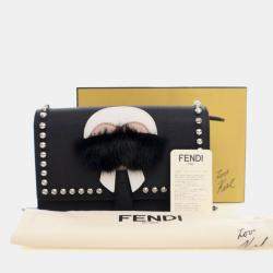 Pre Owned Fendi Karl Lagerfeld Black Calf Leather Wallet On Chain