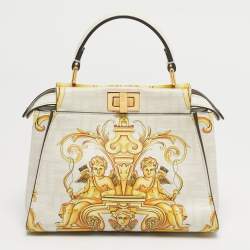 Pre Owned Fendi x Versace Yellow/White Zucca Baroque Print Leather Mini Fendace Peekaboo Top Handle Bag