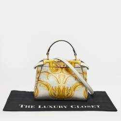 Pre Owned Fendi x Versace Yellow/White Zucca Baroque Print Leather Mini Fendace Peekaboo Top Handle Bag