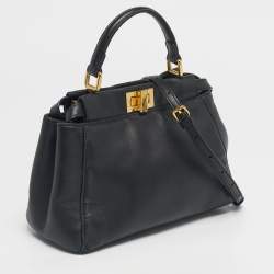 Pre Owned Fendi Black Leather Mini Peekaboo Top Handle Bag