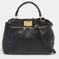 Pre Owned Fendi Black Leather Mini Peekaboo Top Handle Bag