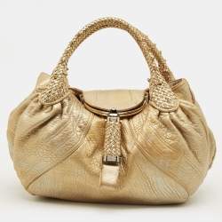 Pre Owned Fendi Gold Textured Leather Spy Hobo