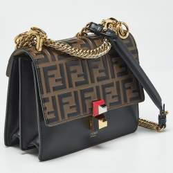 Pre Owned Fendi Black/Brown Zucca Leather Small Kan I Chain Shoulder Bag