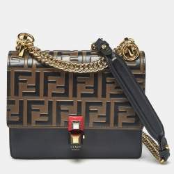 Pre Owned Fendi Black/Brown Zucca Leather Small Kan I Chain Shoulder Bag