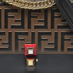 Pre Owned Fendi Black/Brown Zucca Leather Small Kan I Chain Shoulder Bag
