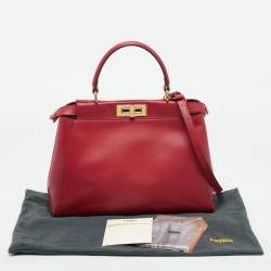 Pre Owned Fendi Red Leather and Beaded Lined Medium Peekaboo Top Handle Bag