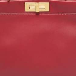 Pre Owned Fendi Red Leather and Beaded Lined Medium Peekaboo Top Handle Bag