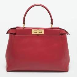 Pre Owned Fendi Red Leather and Beaded Lined Medium Peekaboo Top Handle Bag