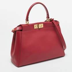 Pre Owned Fendi Red Leather and Beaded Lined Medium Peekaboo Top Handle Bag
