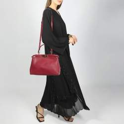 Pre Owned Fendi Red Leather and Beaded Lined Medium Peekaboo Top Handle Bag