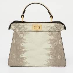 Pre Owned Fendi Grey/White Lizard Peekaboo ISeeU Petite Top Handle Bag
