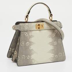 Pre Owned Fendi Grey/White Lizard Peekaboo ISeeU Petite Top Handle Bag
