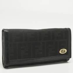 Pre Owned Fendi Black Zucca Fabric and Leather Logo Trifold Continental Wallet