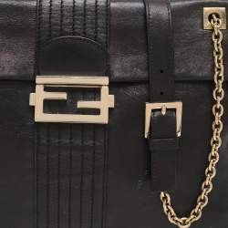 Pre Owned Fendi Black Leather Maxi Baguette Flap Shoulder Bag