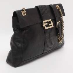 Pre Owned Fendi Black Leather Maxi Baguette Flap Shoulder Bag