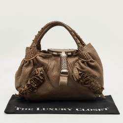 Pre Owned Fendi Dark Beige Pebbled Leather Spy Hobo