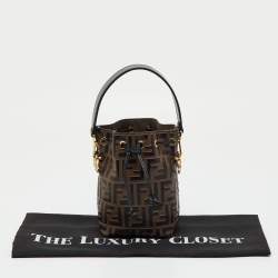 Pre Owned Fendi Brown/Black Zucca Leather Mini Mon Tresor Drawstring Bucket Bag