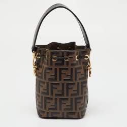 Pre Owned Fendi Brown/Black Zucca Leather Mini Mon Tresor Drawstring Bucket Bag