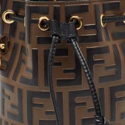 Pre Owned Fendi Brown/Black Zucca Leather Mini Mon Tresor Drawstring Bucket Bag