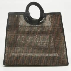 Pre Owned Fendi Tobacco/Black FF Mesh and Leather Large Runaway Shopper Tote