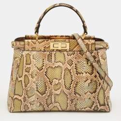 Pre Owned Fendi Green/Beige Python Medium Peekaboo Top Handle Bag