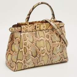Pre Owned Fendi Green/Beige Python Medium Peekaboo Top Handle Bag