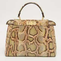 Pre Owned Fendi Green/Beige Python Medium Peekaboo Top Handle Bag
