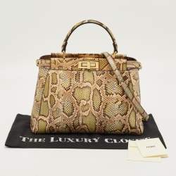 Pre Owned Fendi Green/Beige Python Medium Peekaboo Top Handle Bag