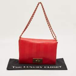 Pre Owned Fendi Red Pequin Embossed Leather Large Claudia Shoulder Bag