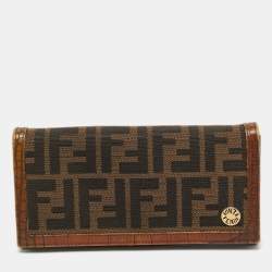 Pre Owned Fendi Tobacco Zucca Canvas and Croc Embossed Leather Flap Continental Wallet