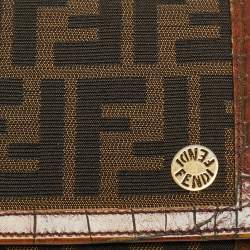 Pre Owned Fendi Tobacco Zucca Canvas and Croc Embossed Leather Flap Continental Wallet