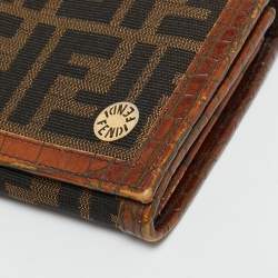 Pre Owned Fendi Tobacco Zucca Canvas and Croc Embossed Leather Flap Continental Wallet
