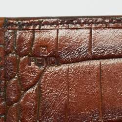 Pre Owned Fendi Tobacco Zucca Canvas and Croc Embossed Leather Flap Continental Wallet
