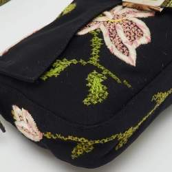 Pre Owned Fendi Black/Green Floral Embroidered Canvas and Lizard Trim Mama Baguette Bag