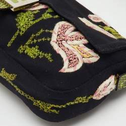 Pre Owned Fendi Black/Green Floral Embroidered Canvas and Lizard Trim Mama Baguette Bag