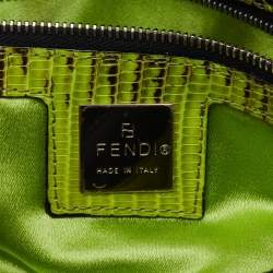 Pre Owned Fendi Black/Green Floral Embroidered Canvas and Lizard Trim Mama Baguette Bag