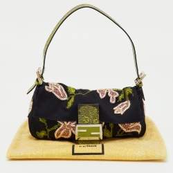 Pre Owned Fendi Black/Green Floral Embroidered Canvas and Lizard Trim Mama Baguette Bag