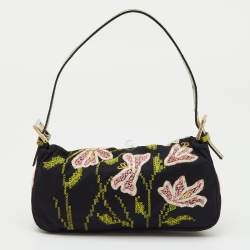 Pre Owned Fendi Black/Green Floral Embroidered Canvas and Lizard Trim Mama Baguette Bag