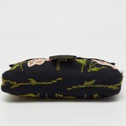 Pre Owned Fendi Black/Green Floral Embroidered Canvas and Lizard Trim Mama Baguette Bag