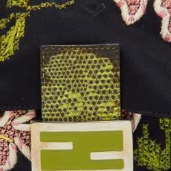 Pre Owned Fendi Black/Green Floral Embroidered Canvas and Lizard Trim Mama Baguette Bag