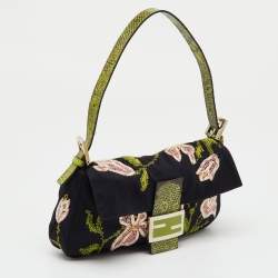 Pre Owned Fendi Black/Green Floral Embroidered Canvas and Lizard Trim Mama Baguette Bag