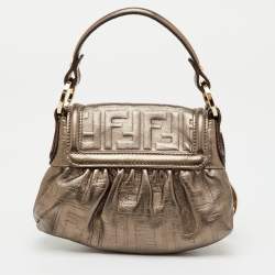 Pre Owned Fendi Metallic Grey FF Embossed Leather Mini Chef Bag